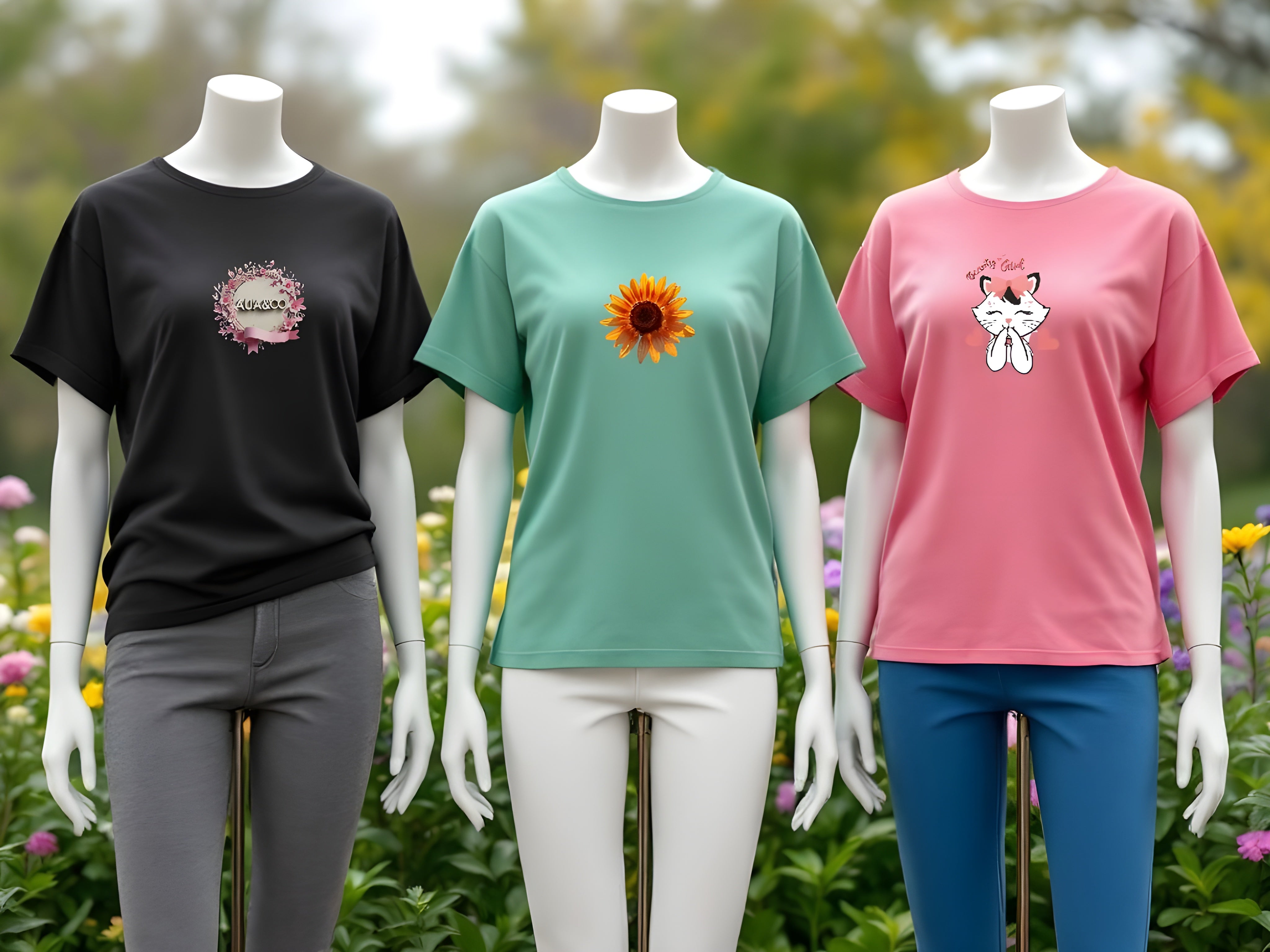 Set of 3 women's graphic t-shirts in black, mint, and pink with stylish prints, perfect for casual wear.