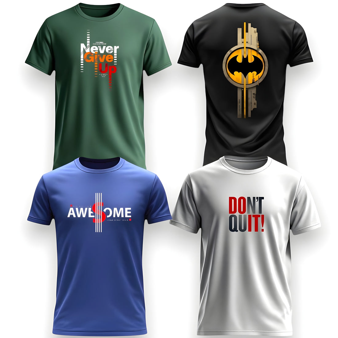 Set of 4 men's t-shirts in green, black, blue, and white featuring bold, clean graphics and premium soft fabric.