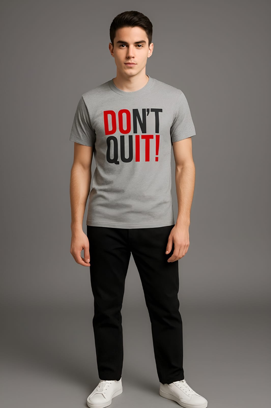 Men's summer t-shirt and trouser suit in grey and black – front view

