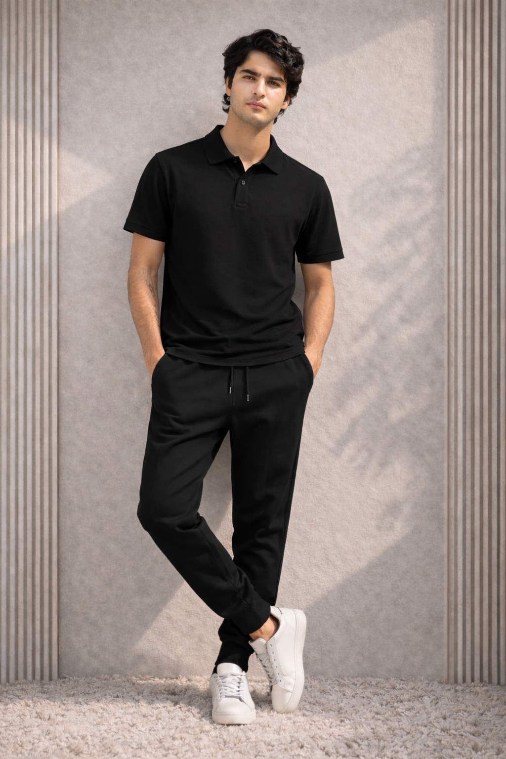 Man wearing a black polo shirt and pants with white sneakers against a textured wall.