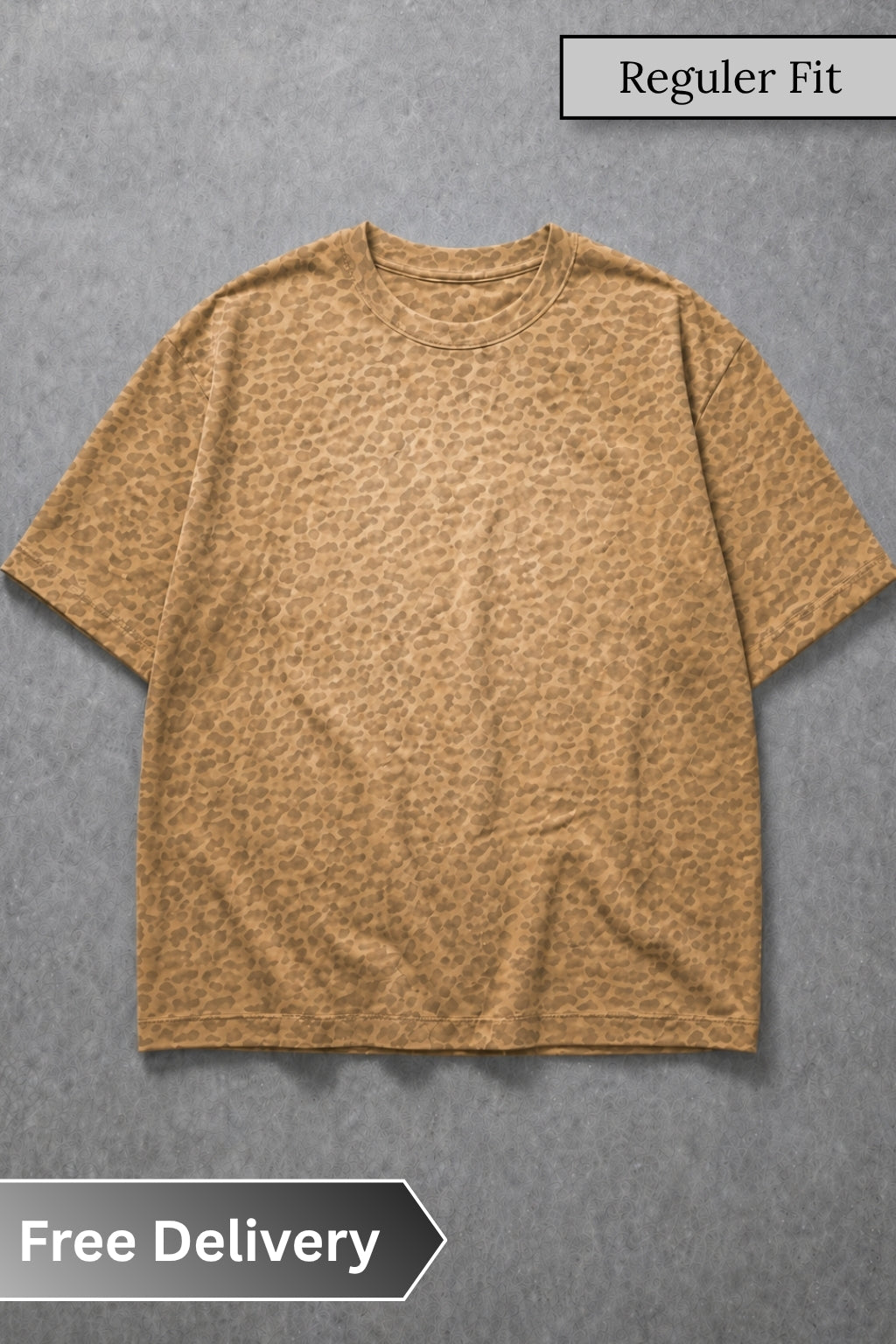 Brown t-shirt on a gray background with text 'Regular Fit' and 'Free Delivery'.