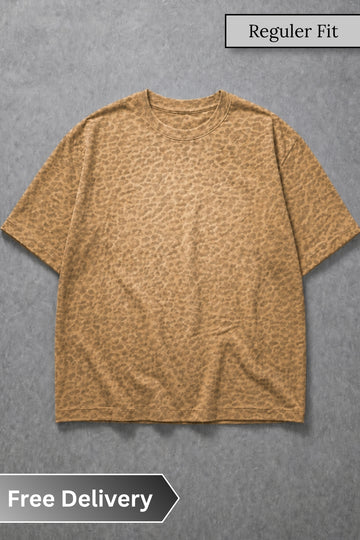 Brown t-shirt on a gray background with text 'Regular Fit' and 'Free Delivery'.