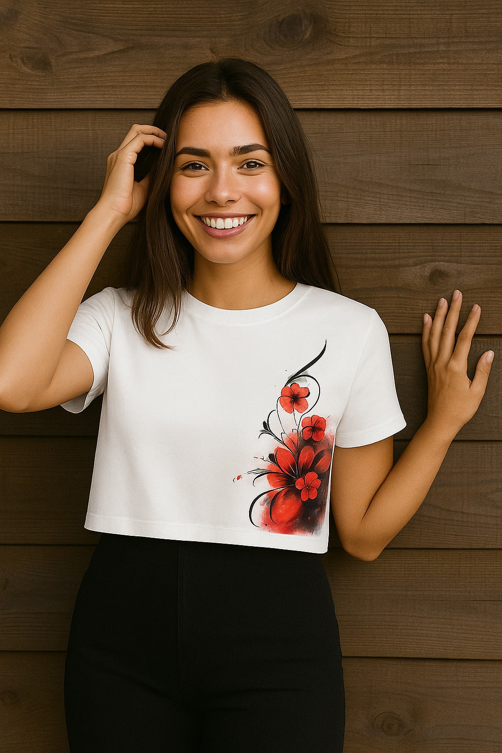 "Women's white crop t-shirt featuring elegant red floral splash design by AUA&CO"
