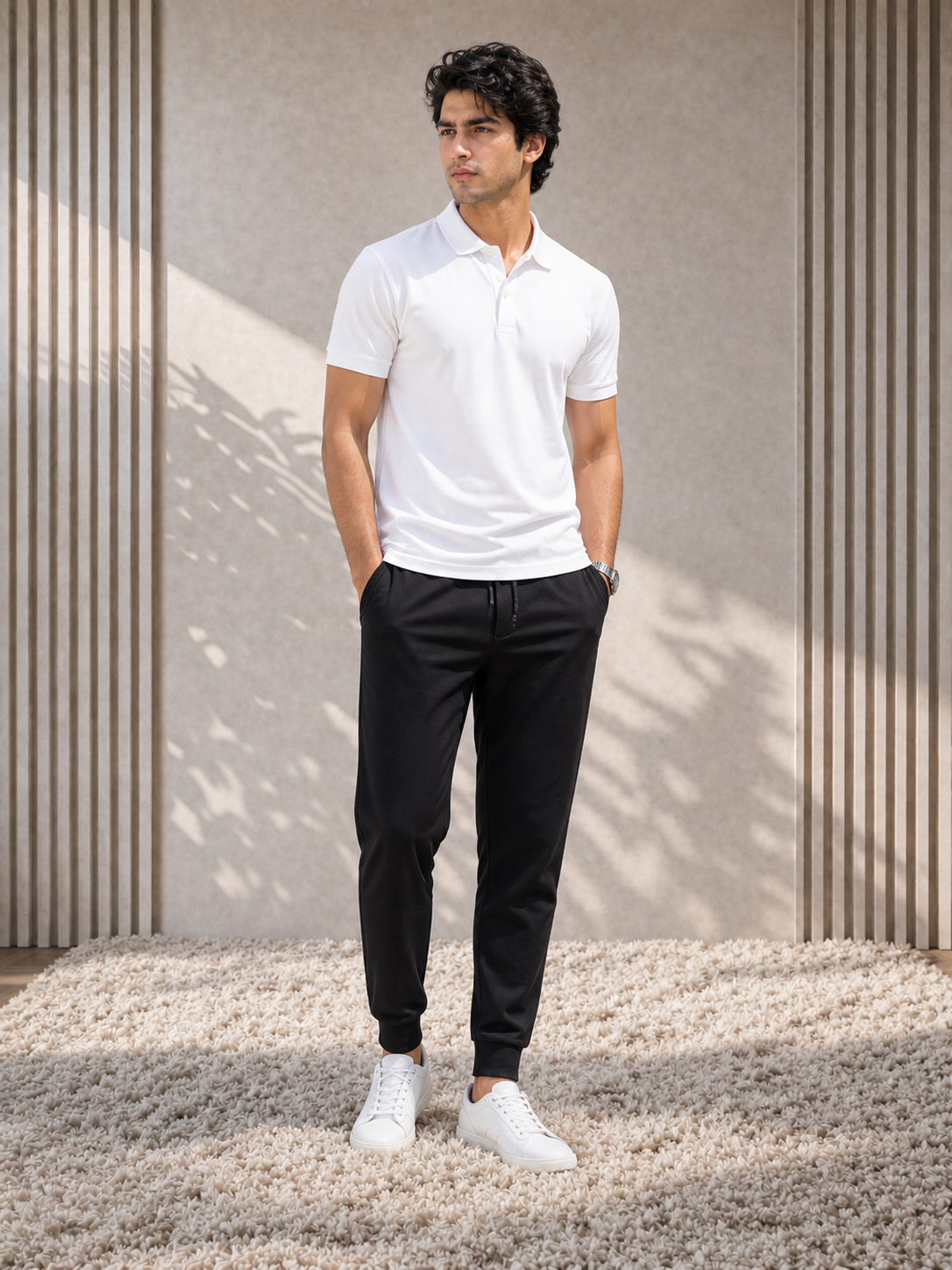 Man wearing a white polo shirt and black pants standing against a neutral wall.
