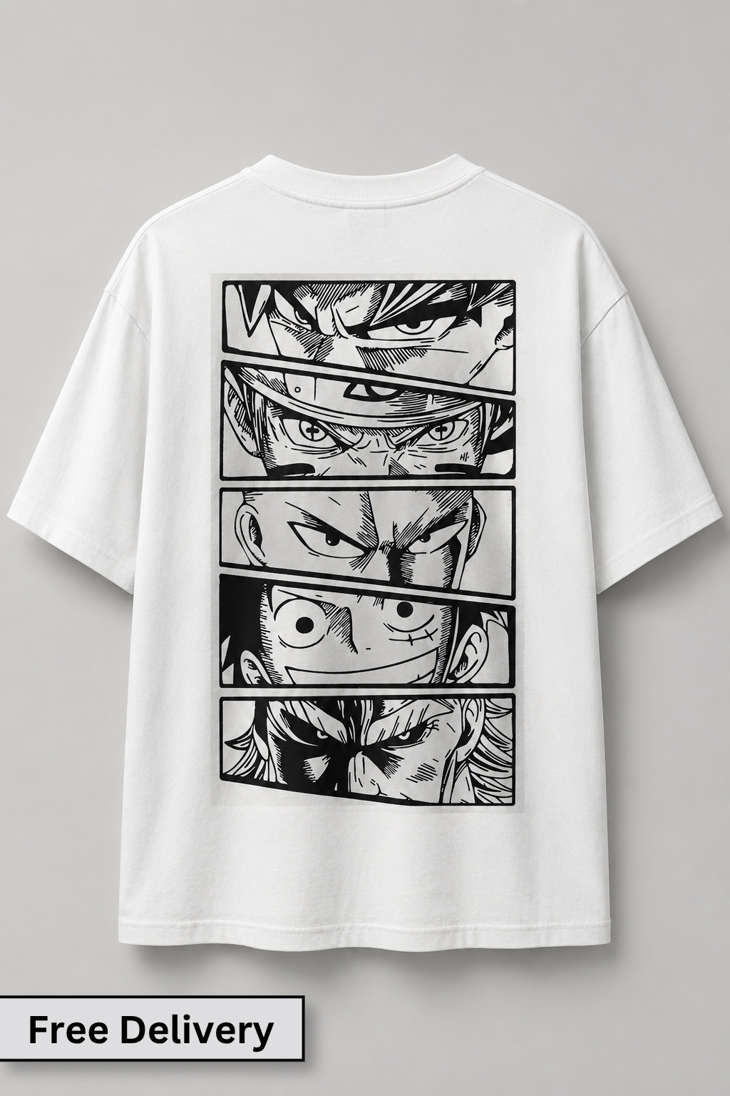 White t-shirt with black and white graphic design on a gray background