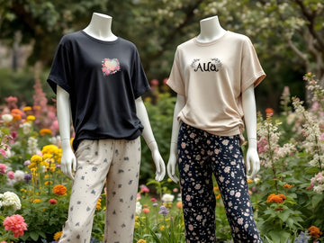  Women's night suit with a soft cotton graphic t-shirt and random printed trousers, perfect for comfortable sleepwear.