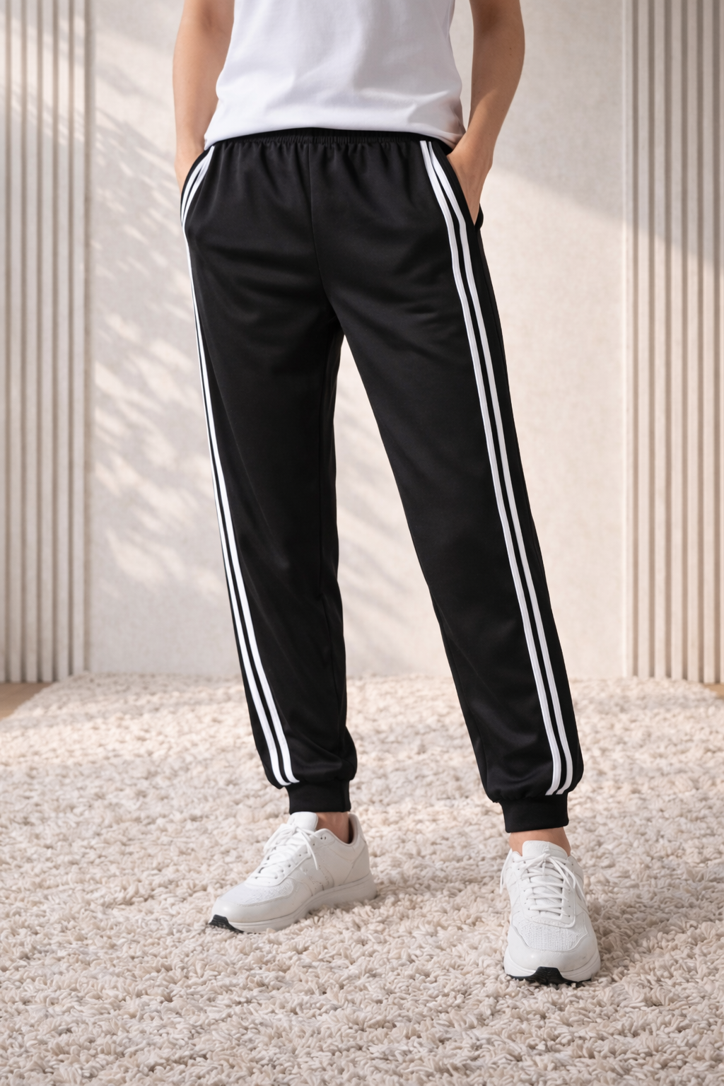 Navy and black track pants with white stripes on a beige rug.